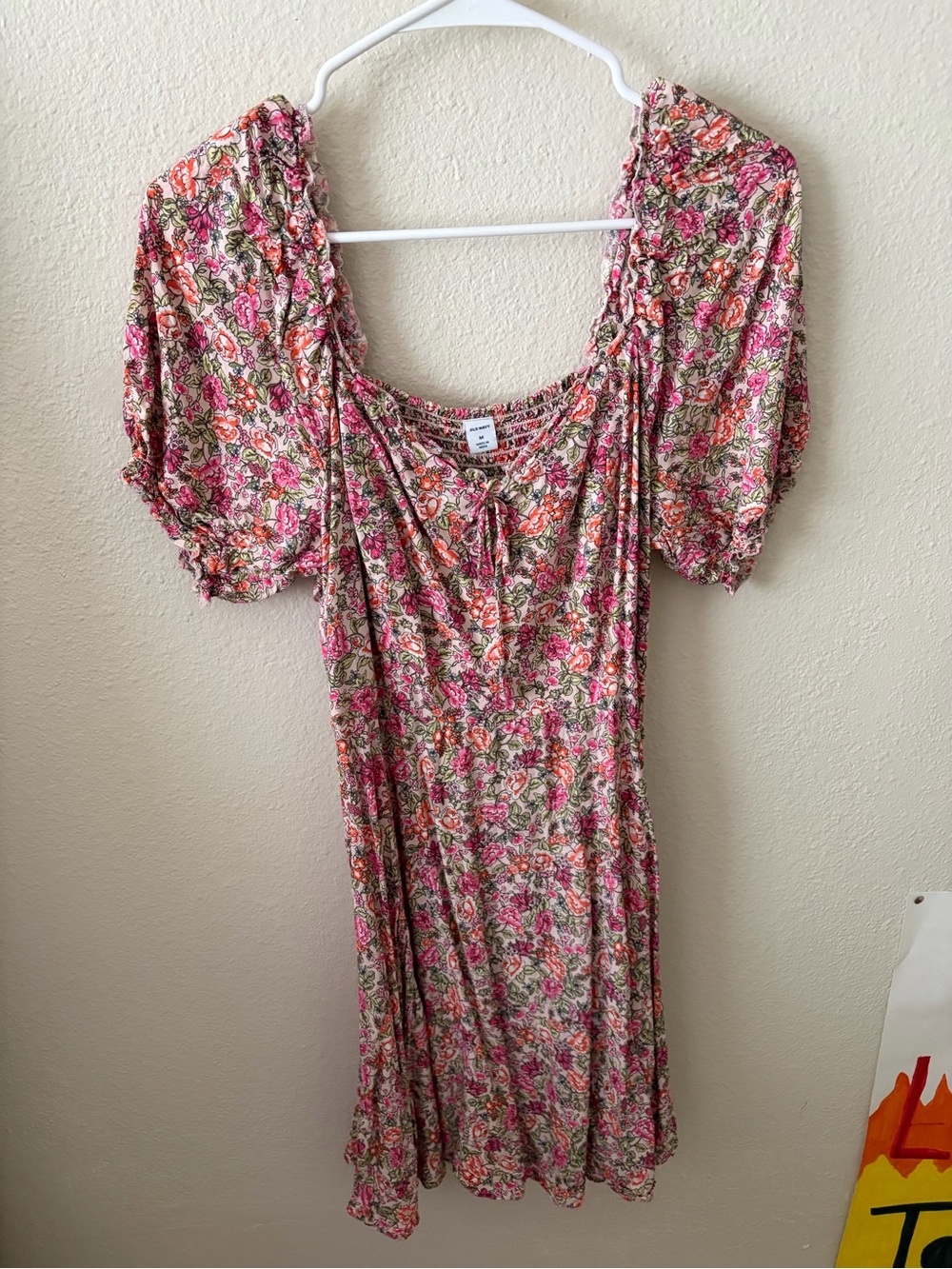 Old Navy Pink Floral Midi Dress with Puff Sleeves